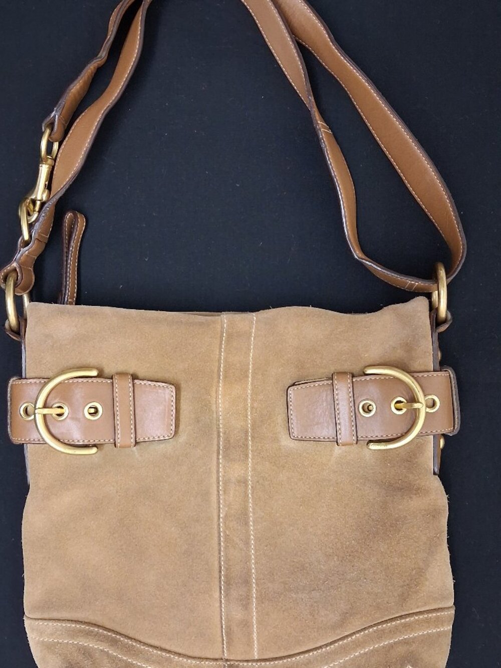 COACH Suede Leather Crossbody Bag Tan Buckle F056-1483